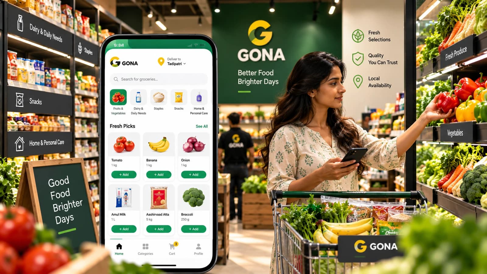 Customer browsing groceries with the GONA app