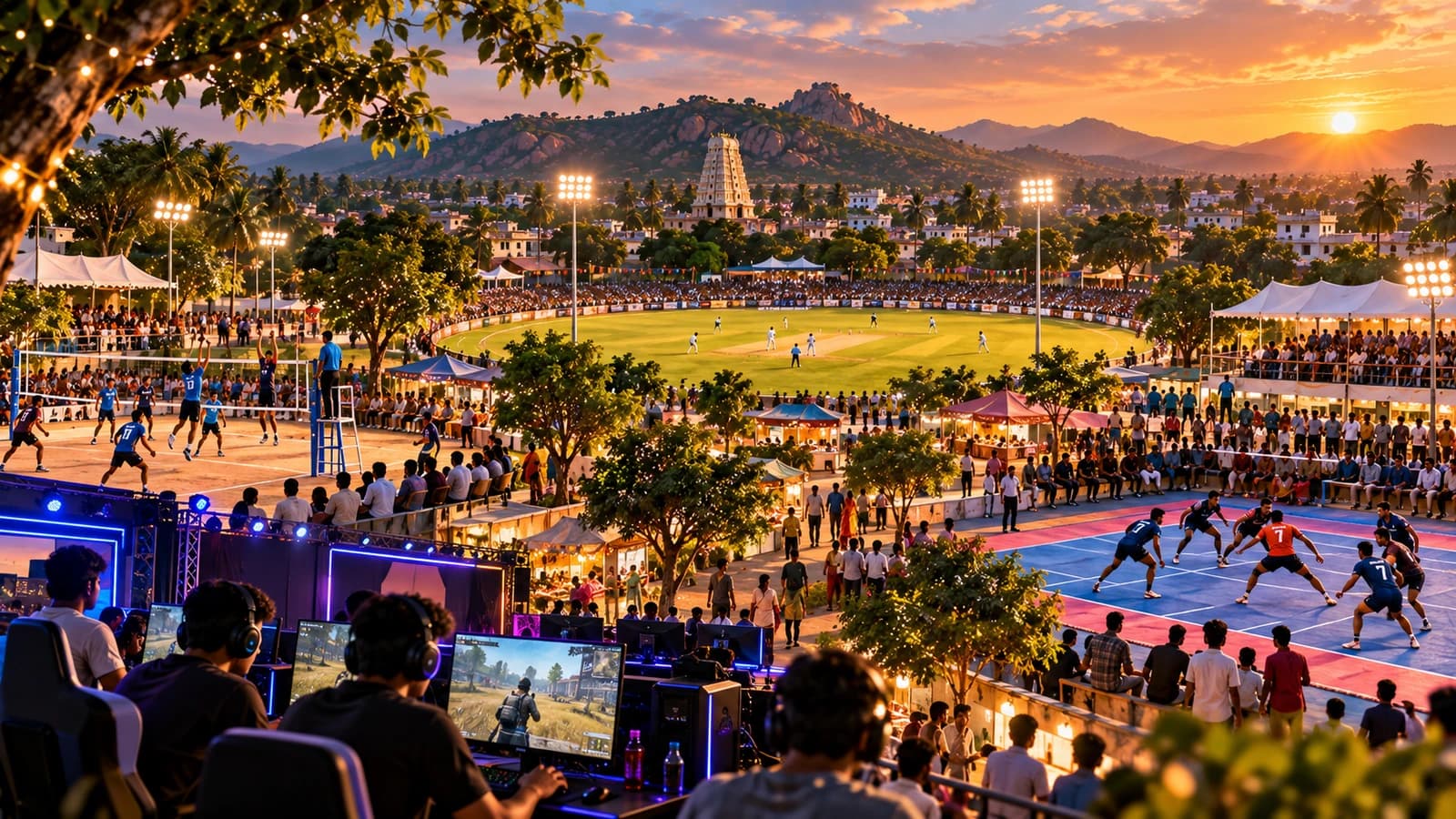 Local multi-sport tournament grounds with cricket, volleyball, kabaddi and esports